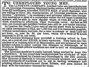 Advert for Linotype operators from 1894 Advert in the Times newspaper from 1894 seeking linotype operators