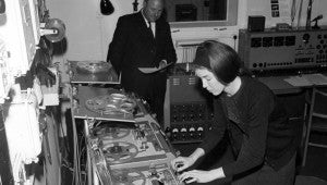 Delia Derbyshire operating a reel-to-reel tape recorder the BBC Radiophonic Workshop in Maida Vale