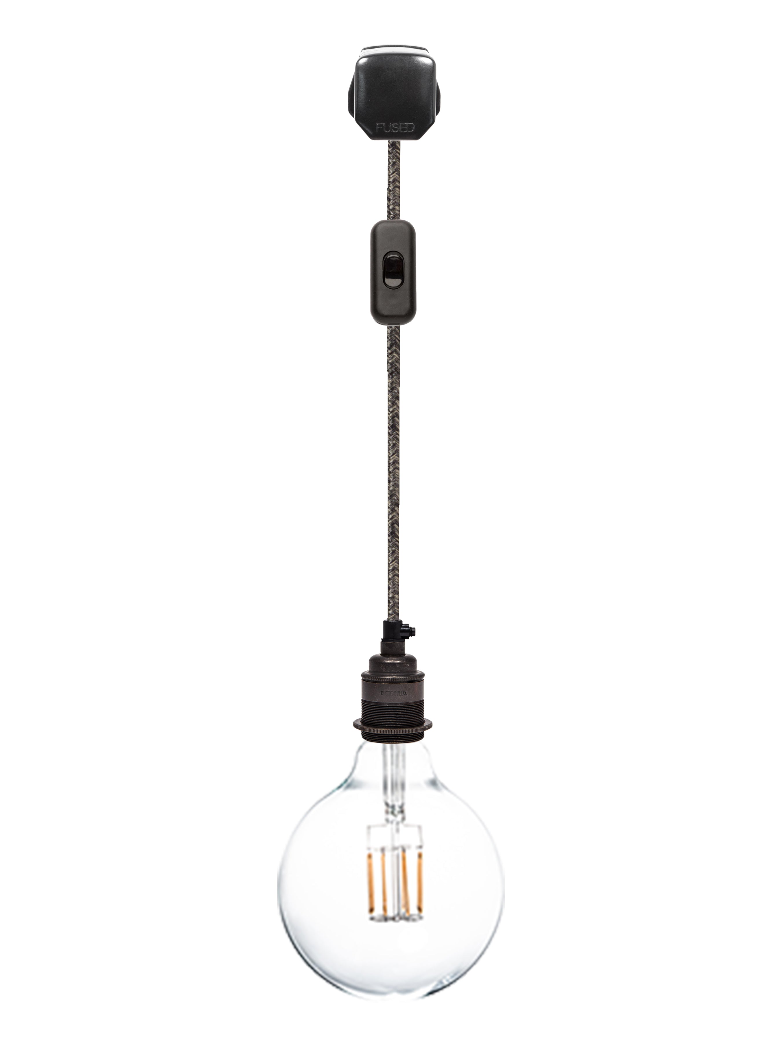 hanging plug in pendant light with black plug, switch, dark linen cable and bronze lamp socket