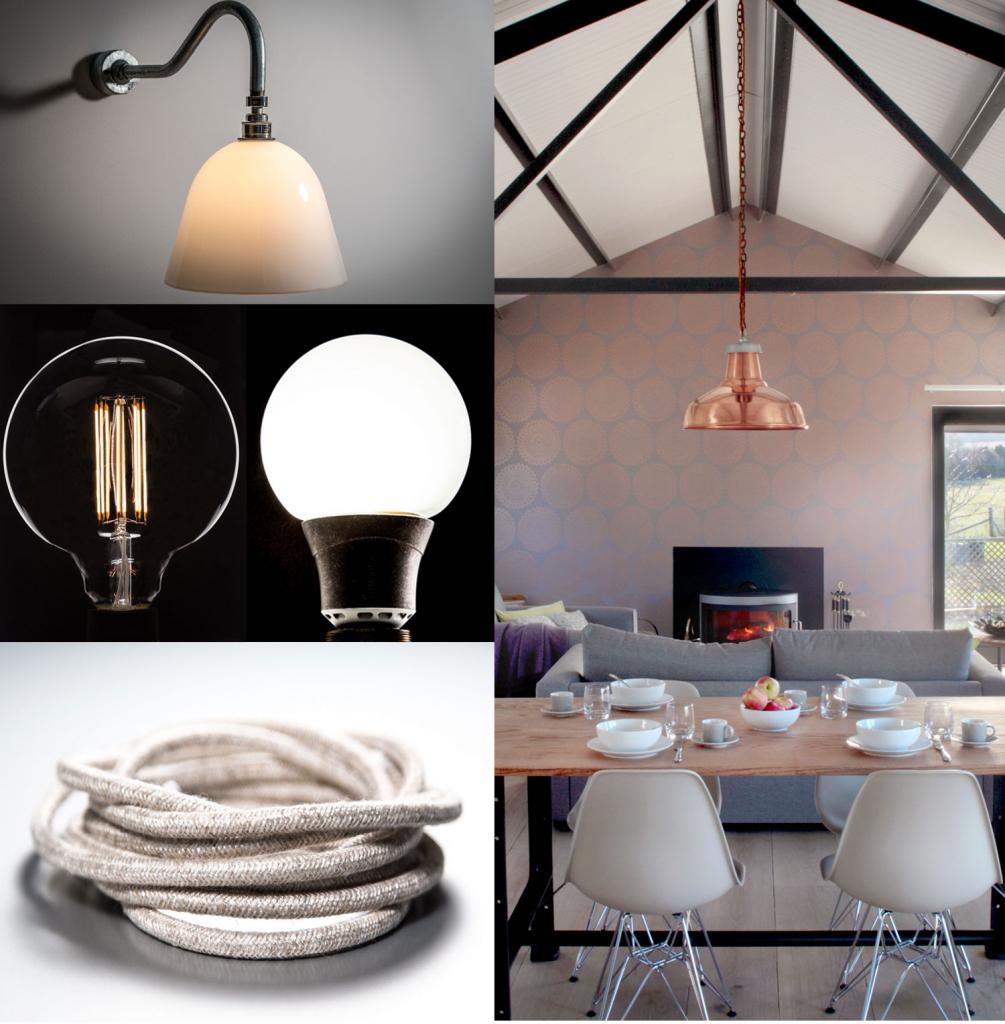 Swan Neck, Eco-lamp, Linen cable and pendant collage