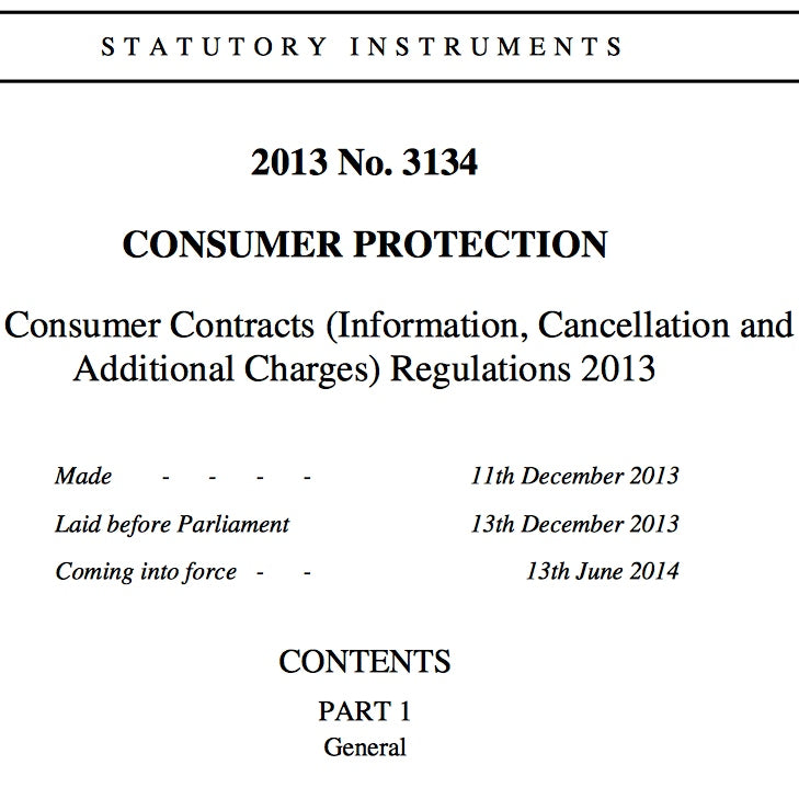 Front page of Consumer Contracts (Information, Cancellation and Additional Charges) Regulations 2013