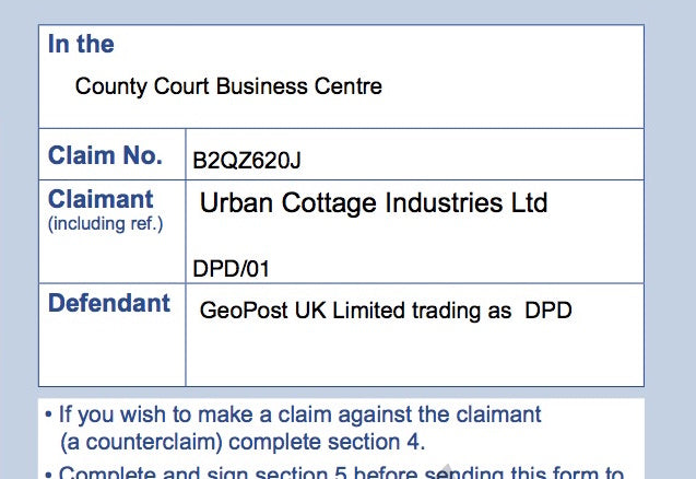 header of claim against DPD for damaged parcel