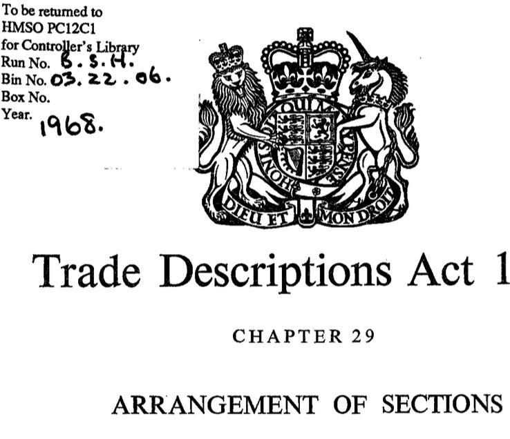 Front cover Trade Descriptions Act 1968