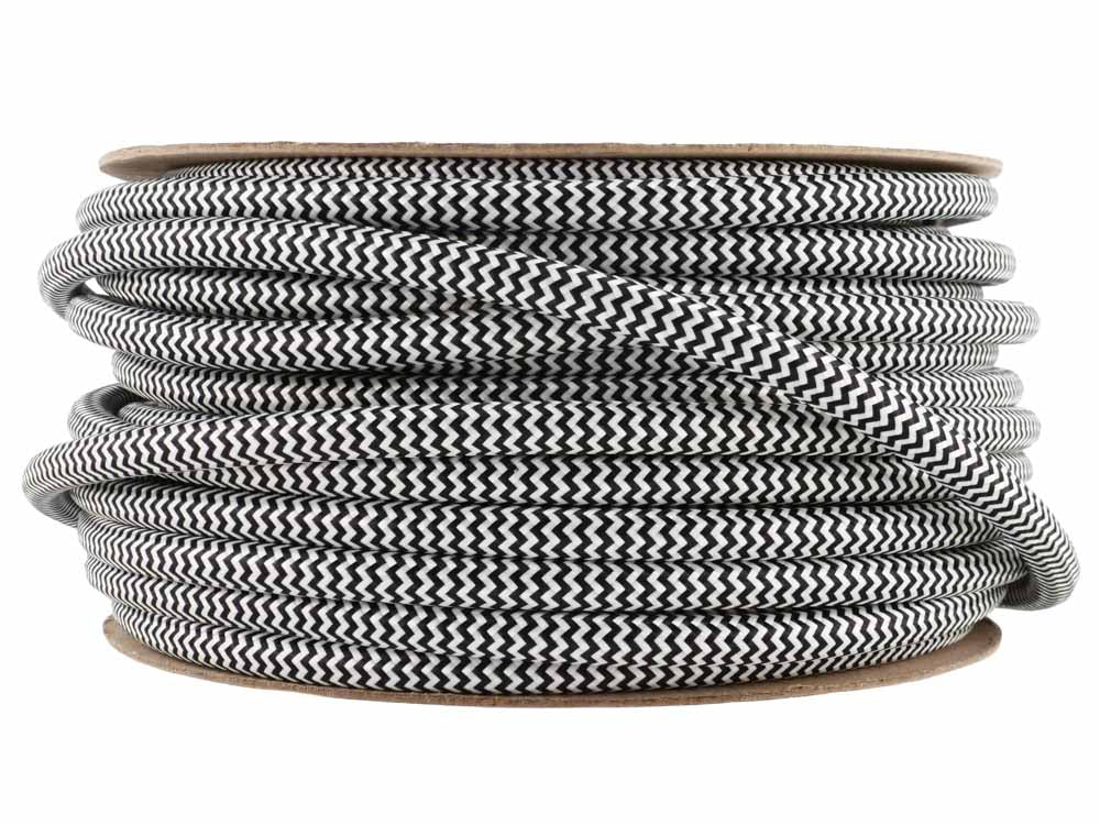 Black & White Striped 220-240V MAINS POWER Fabric Cable | 30 metre coil | End-Of-Line