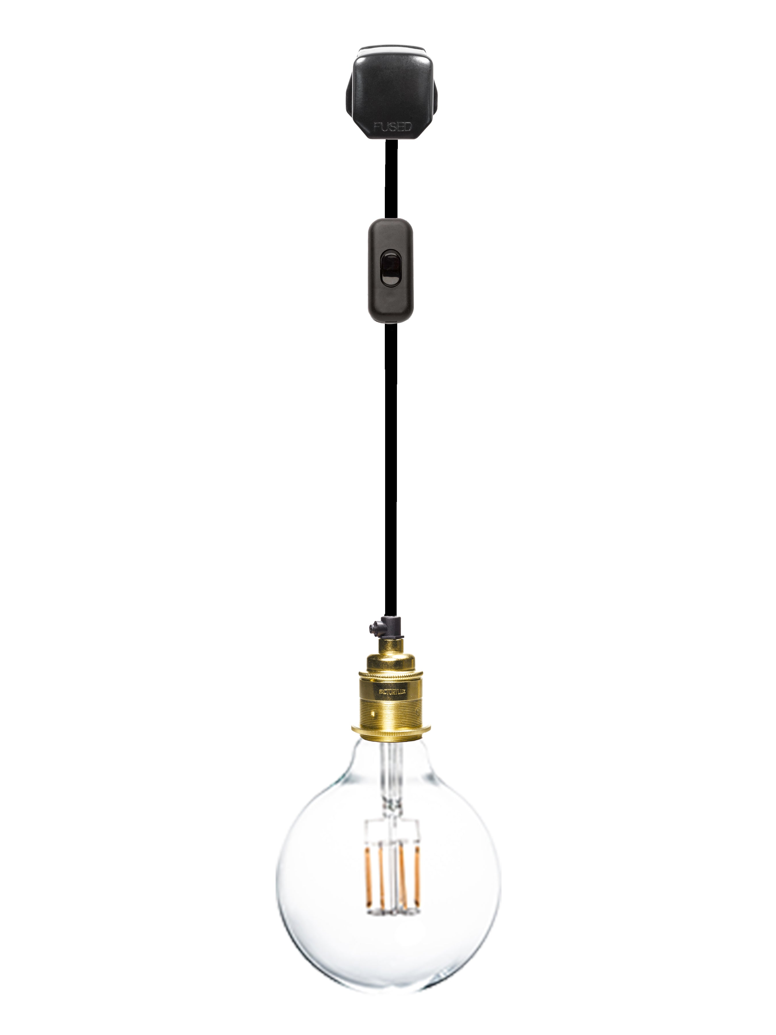 hanging plug in pendant light with black plug, switch and cable and shiny brass lamp socket