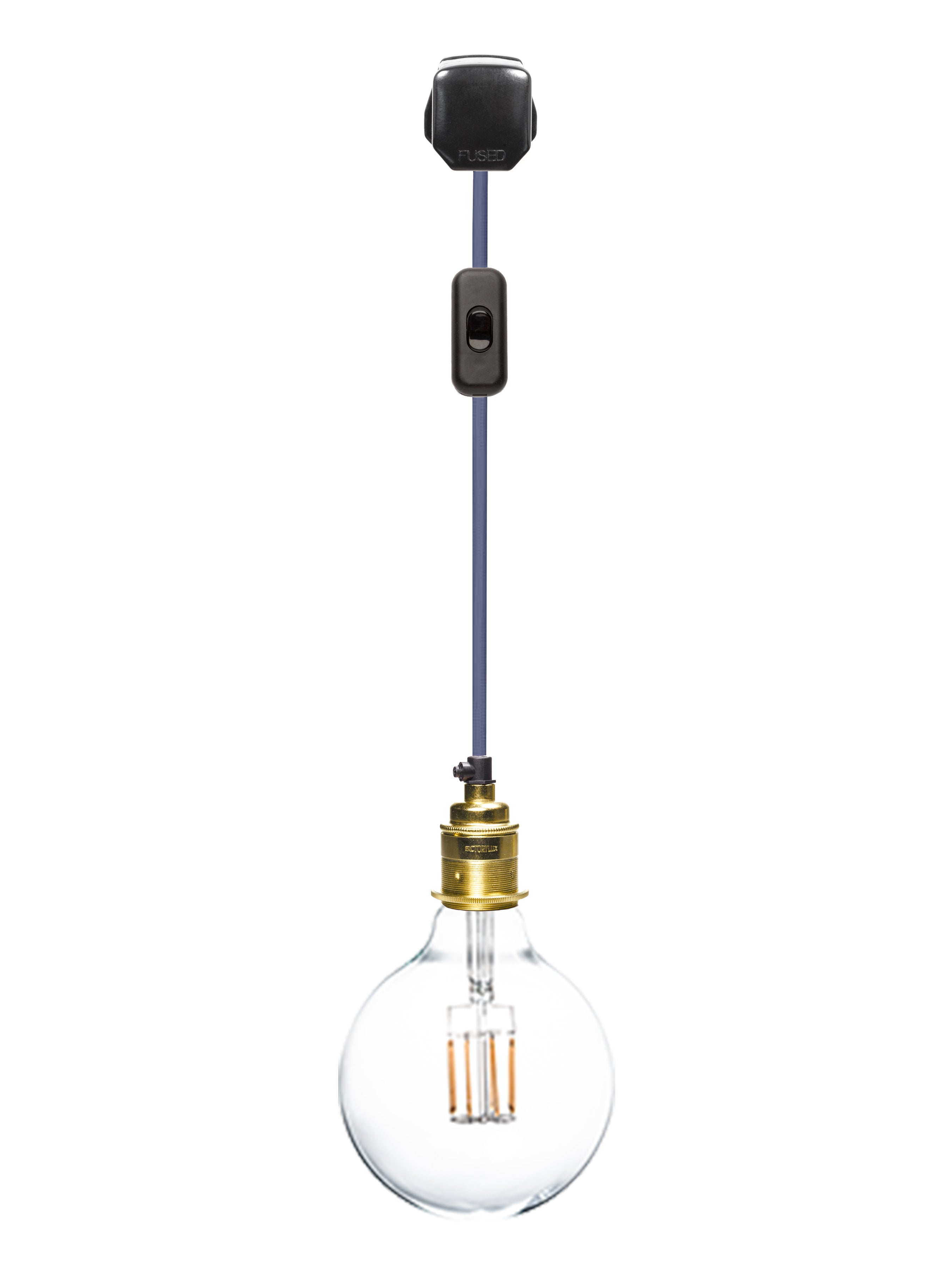 hanging plug in pendant light with black plug, switch, blue linen cable and shiny brass lamp socket