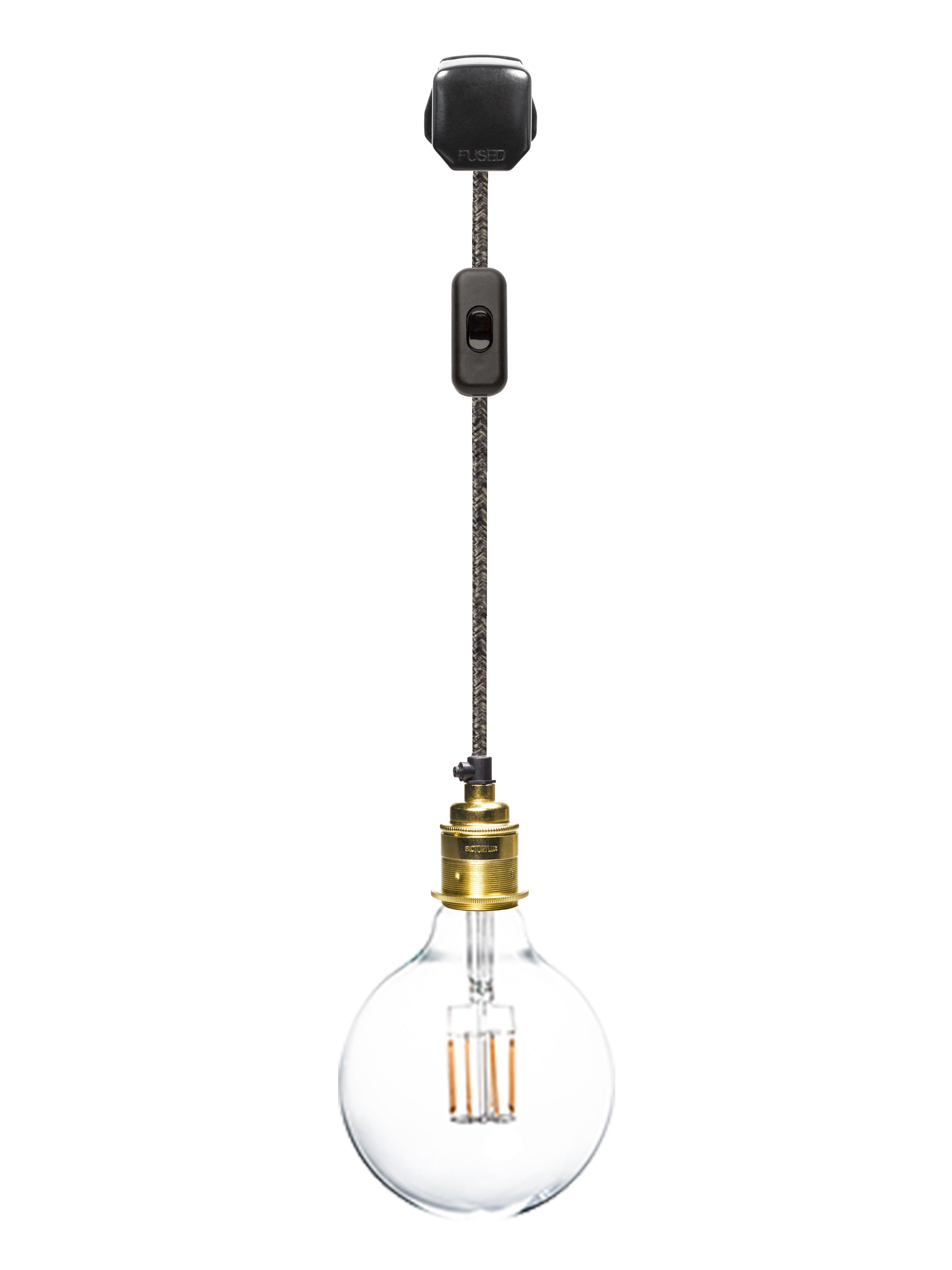 hanging plug in pendant light with black plug, switch, dark linen cable and shiny brass lamp socket