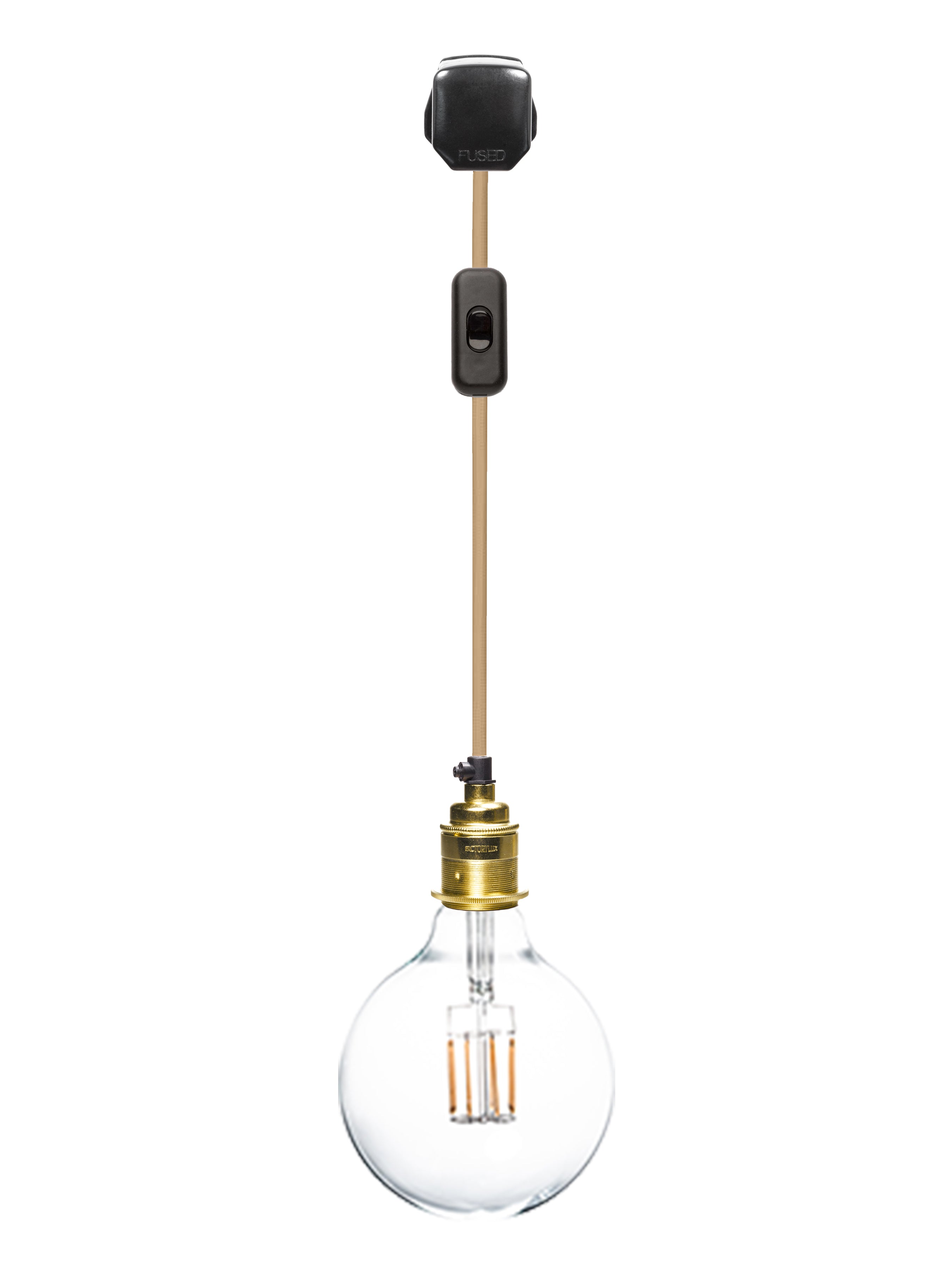 hanging plug in pendant light with black plug, switch, hessian cable and shiny brass lamp socket