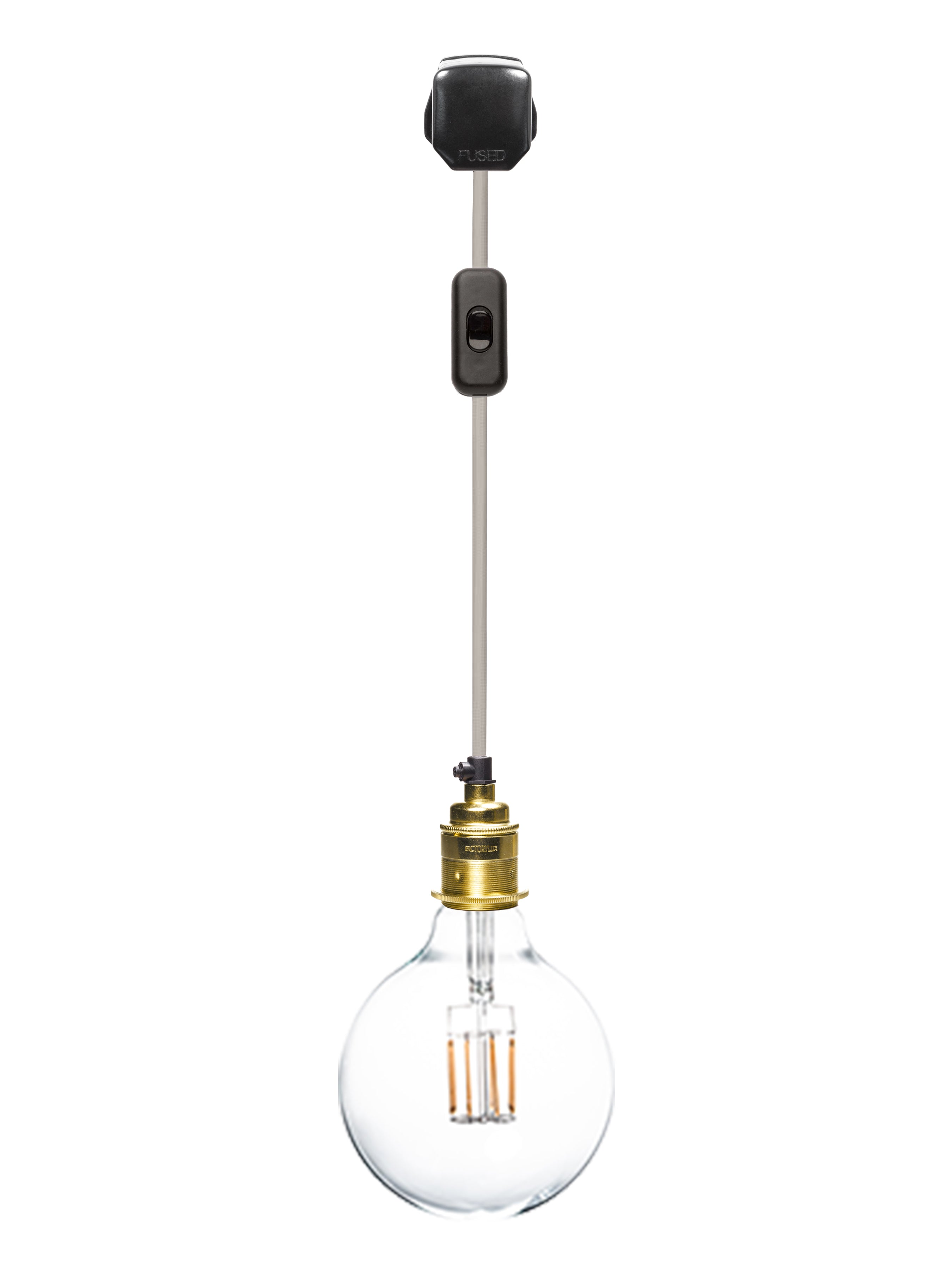 hanging plug in pendant light with black plug, switch, pale linen cable and polished brass lamp socket