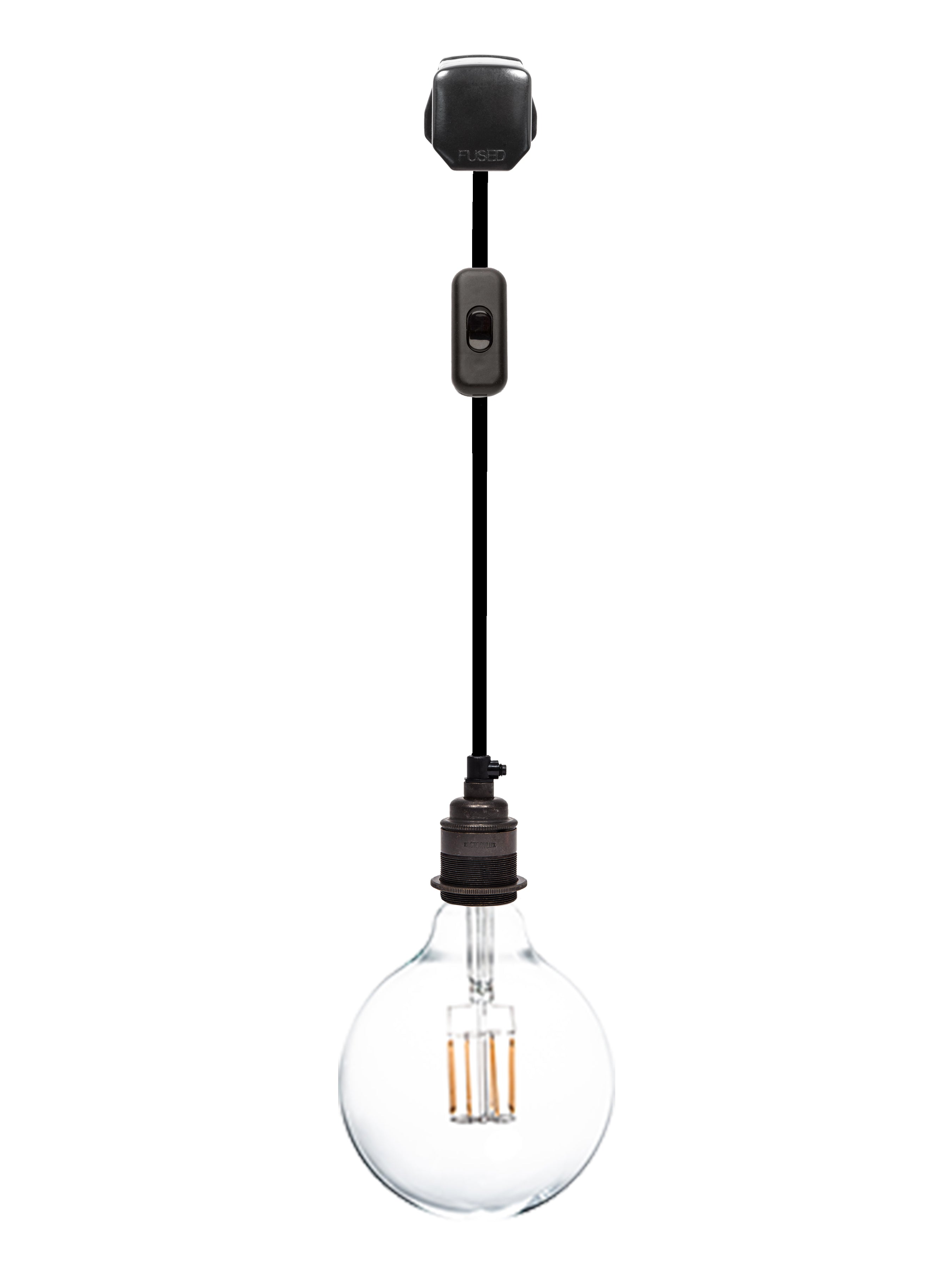 plug in hanging pendant light with black plug, switch and cable and bronze lamp socket