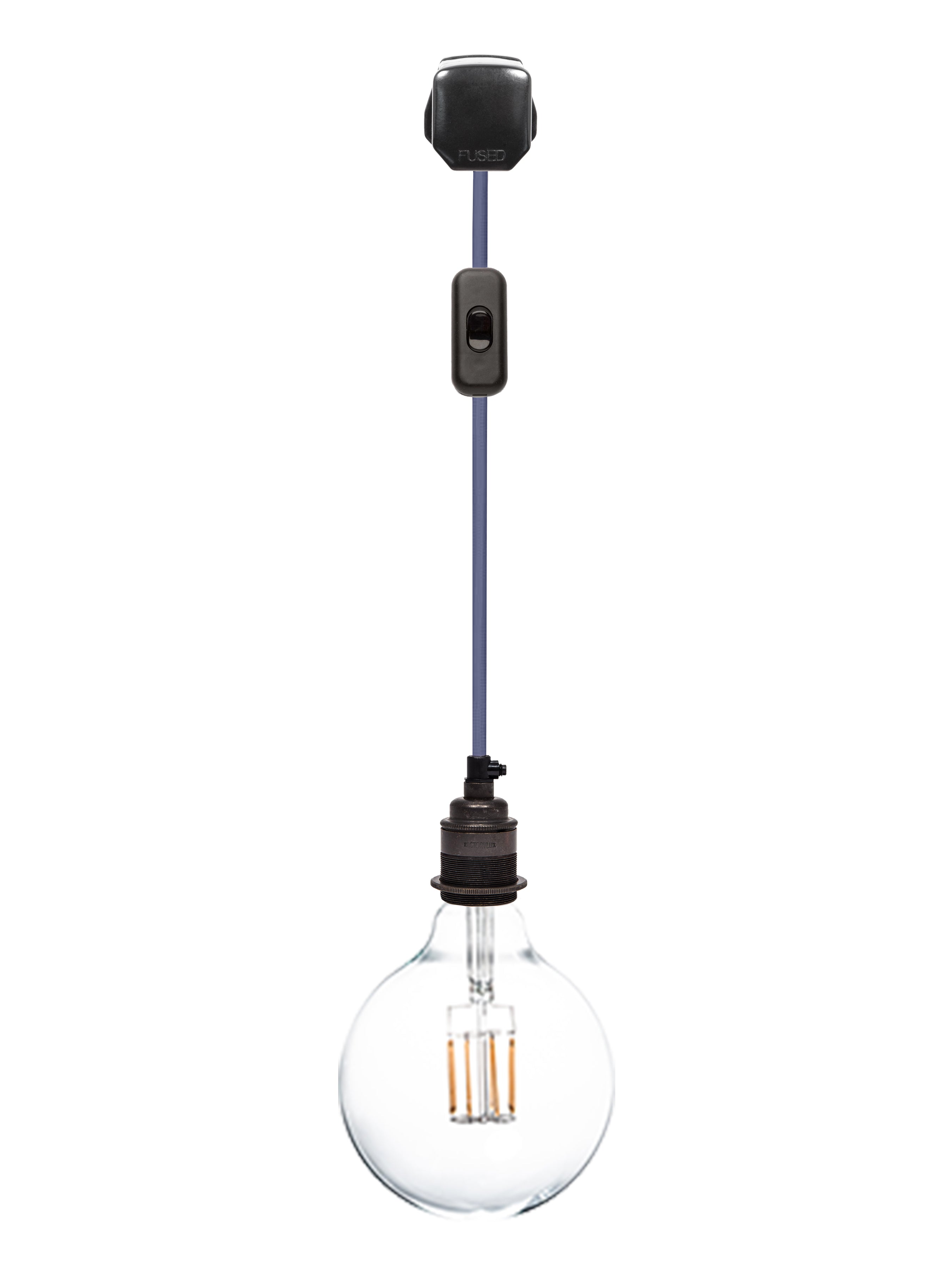 hanging plug in pendant light with black plug, switch, blue linen cable and bronze lamp socket