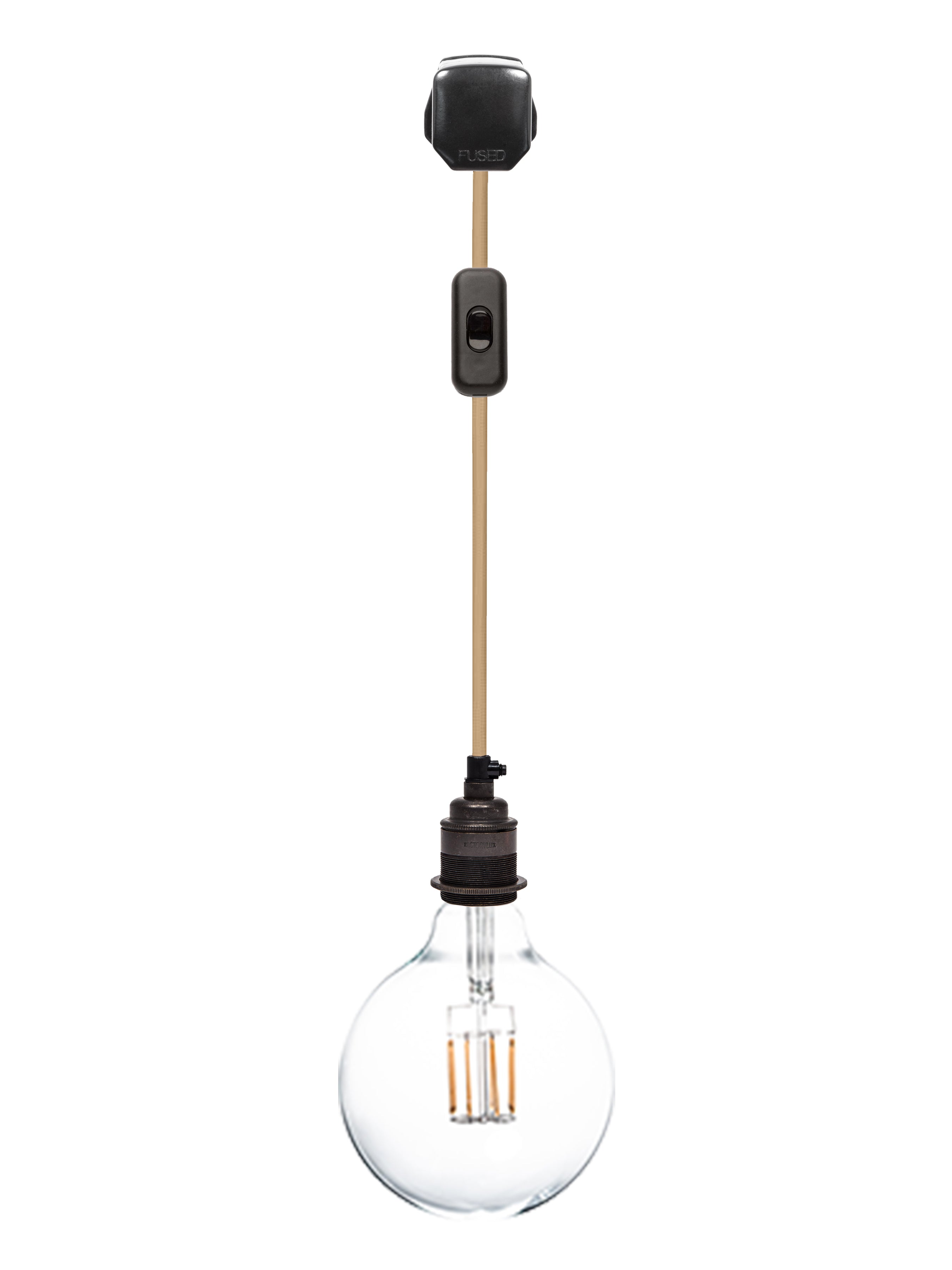 hanging plug in pendant light with black plug, switch, hessian cable and bronze lamp socket