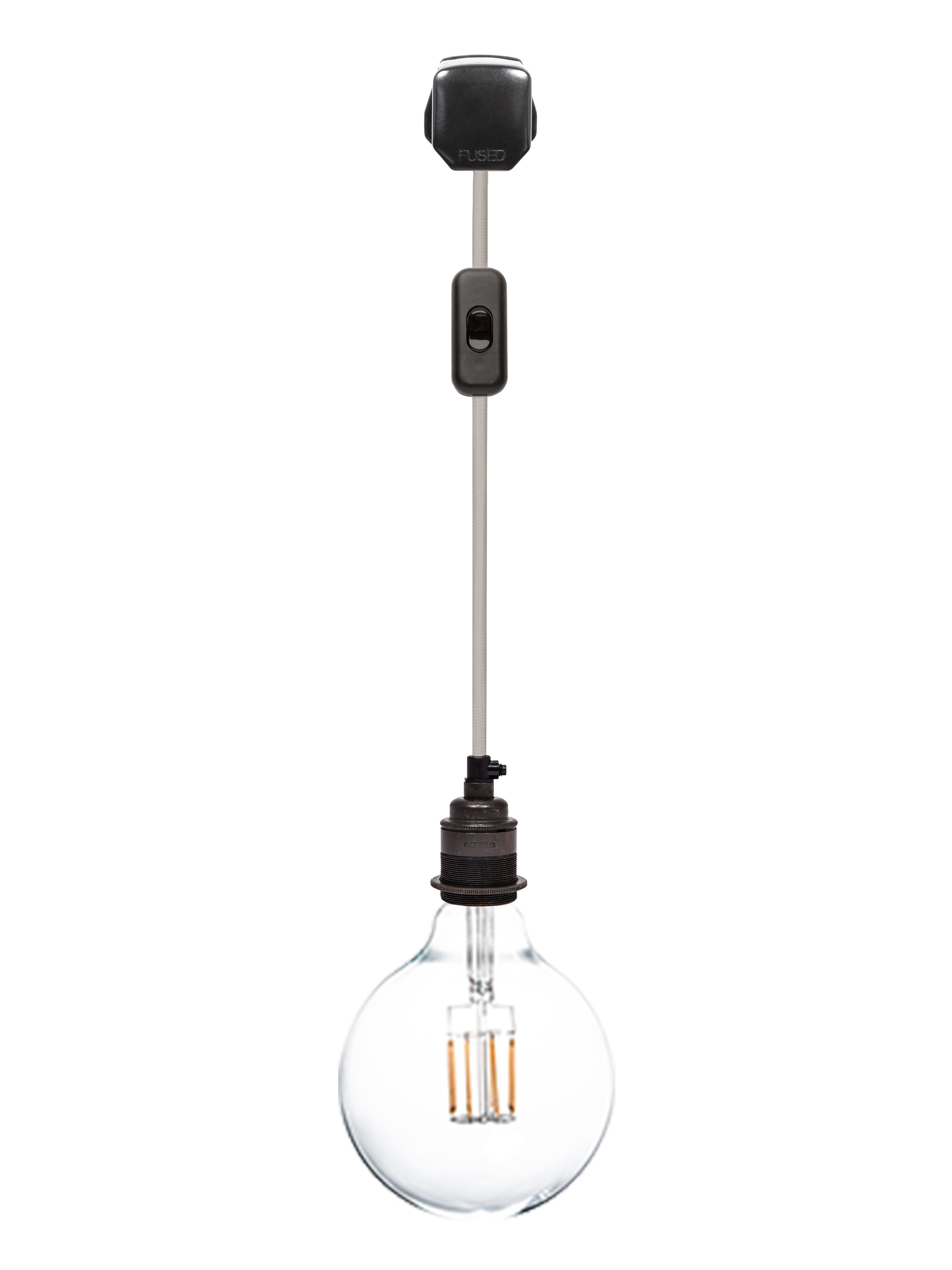 hanging plug in pendant light with black plug, switch, pale linen cable and bronze lamp socket