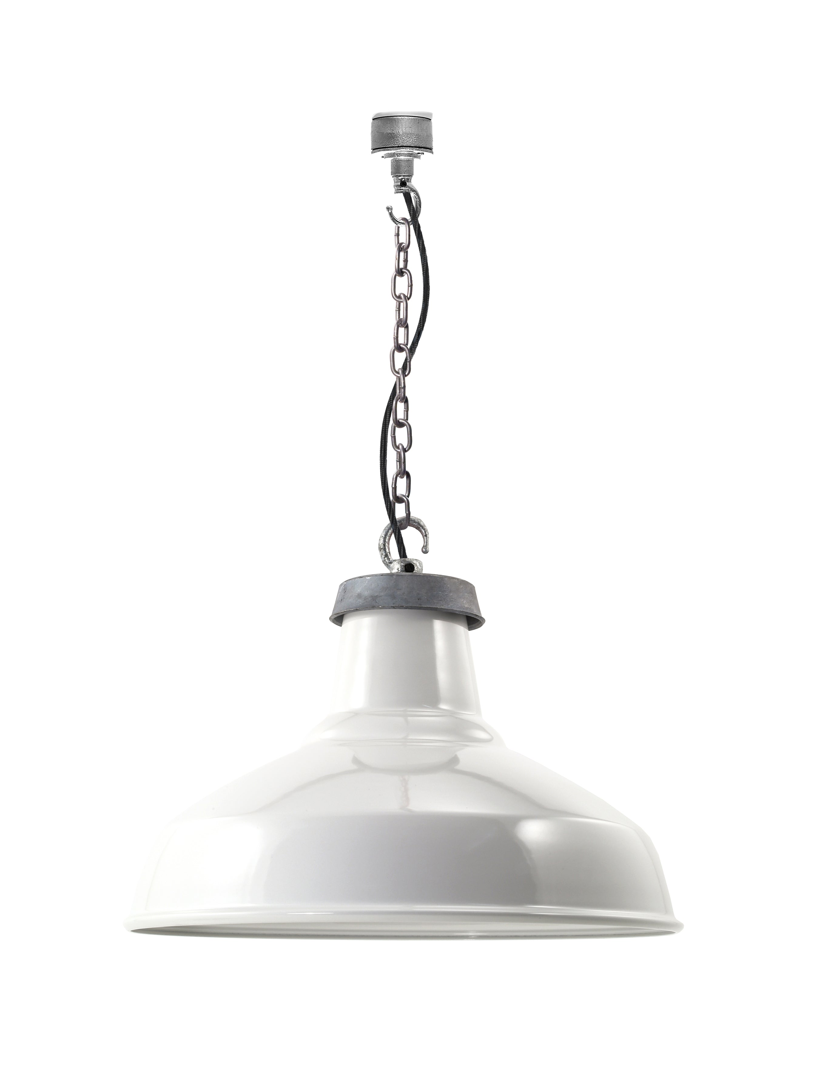 Gloss white enamel shade pendant, hanging with galvanised chain from a galvanised hook and ceiling rose. Fully assembled pendant has jet black round cable.